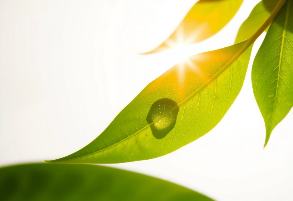 Feuilles vertes et flacons de vitamines symbolisant la santé naturelle et le bien-être.