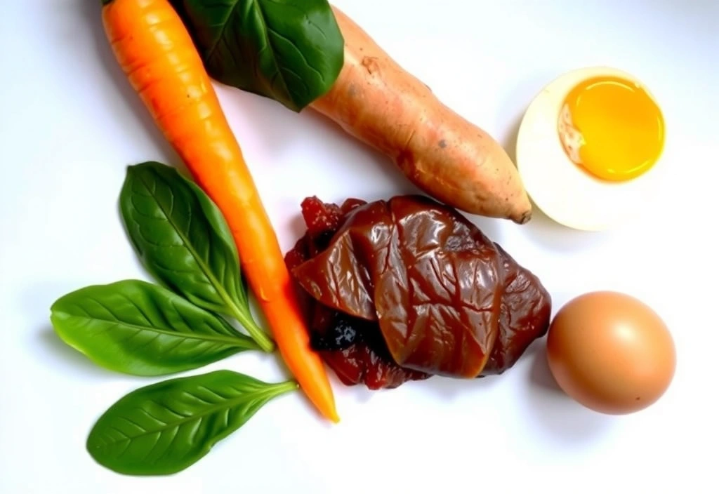 Assortiment d'aliments riches en Vitamine A comme des carottes, patates douces, épinards et un œuf.