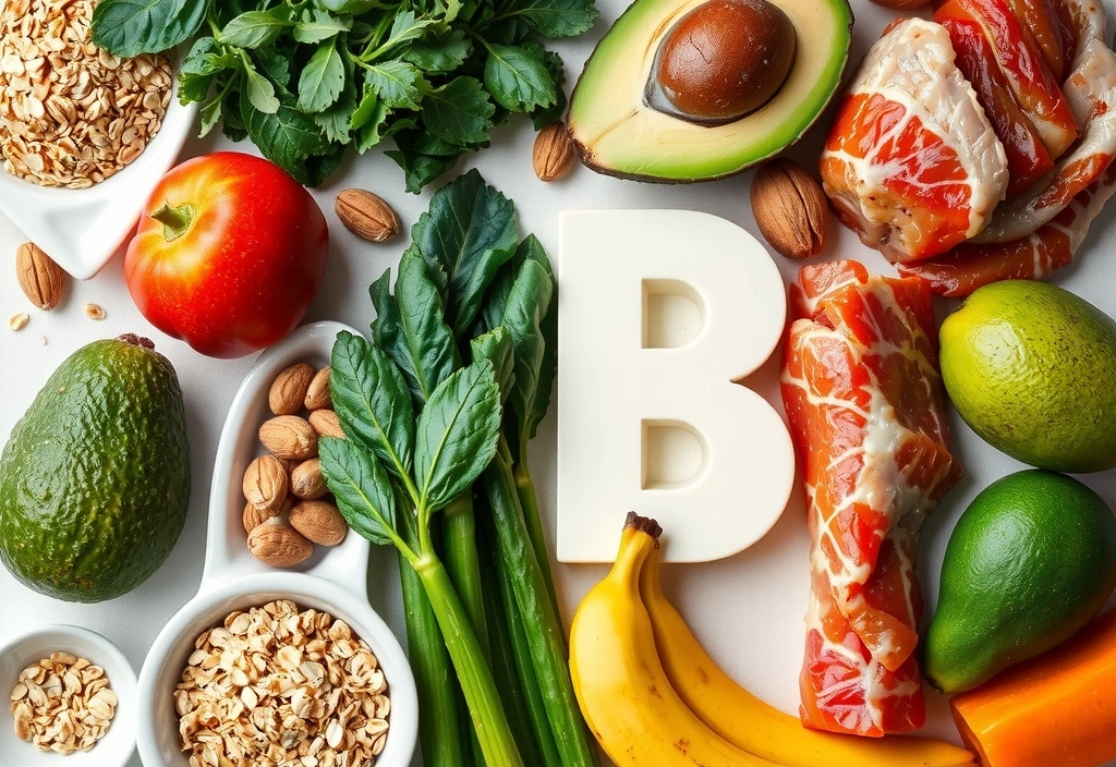 Variété d'aliments riches en vitamines B : avocats, bananes, céréales complètes, légumes verts à feuilles.